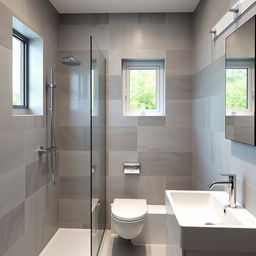 A square shower room with a toilet, window, and sink