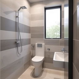 A square shower room with a toilet, window, and sink