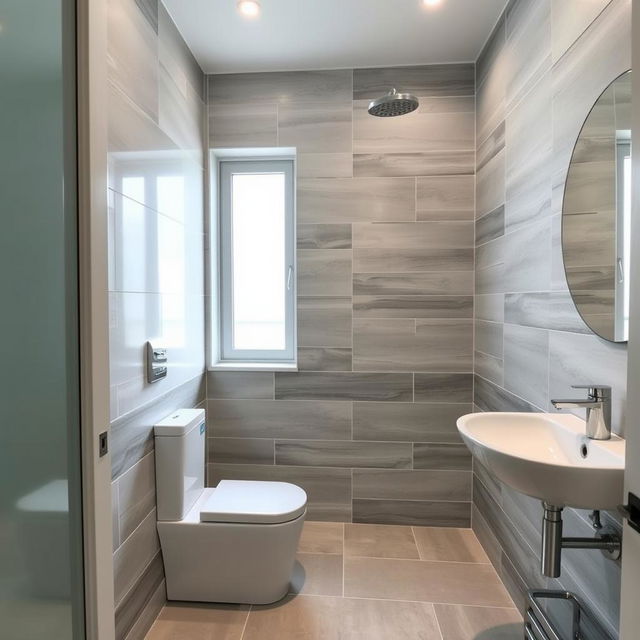 A square shower room with a toilet, window, and sink