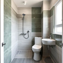 A square shower room with a toilet, window, and sink