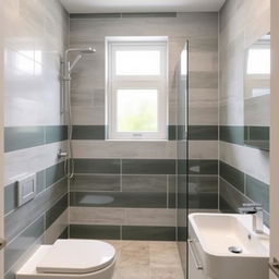 A square shower room with a toilet, window, and sink