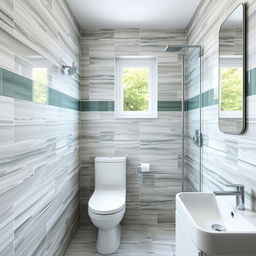 A square shower room with a toilet, window, and sink