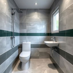 A square shower room with a toilet, window, and sink