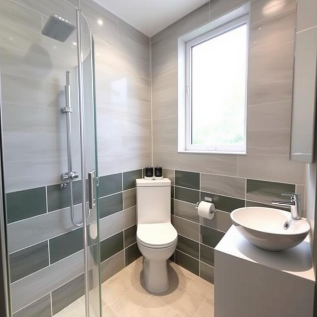 A square shower room with a toilet, window, and sink