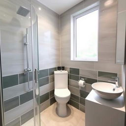 A square shower room with a toilet, window, and sink