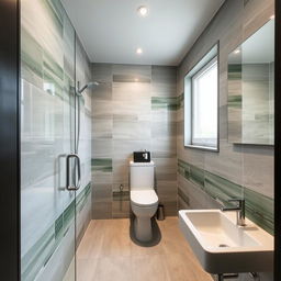 A square shower room with a toilet, window, and sink