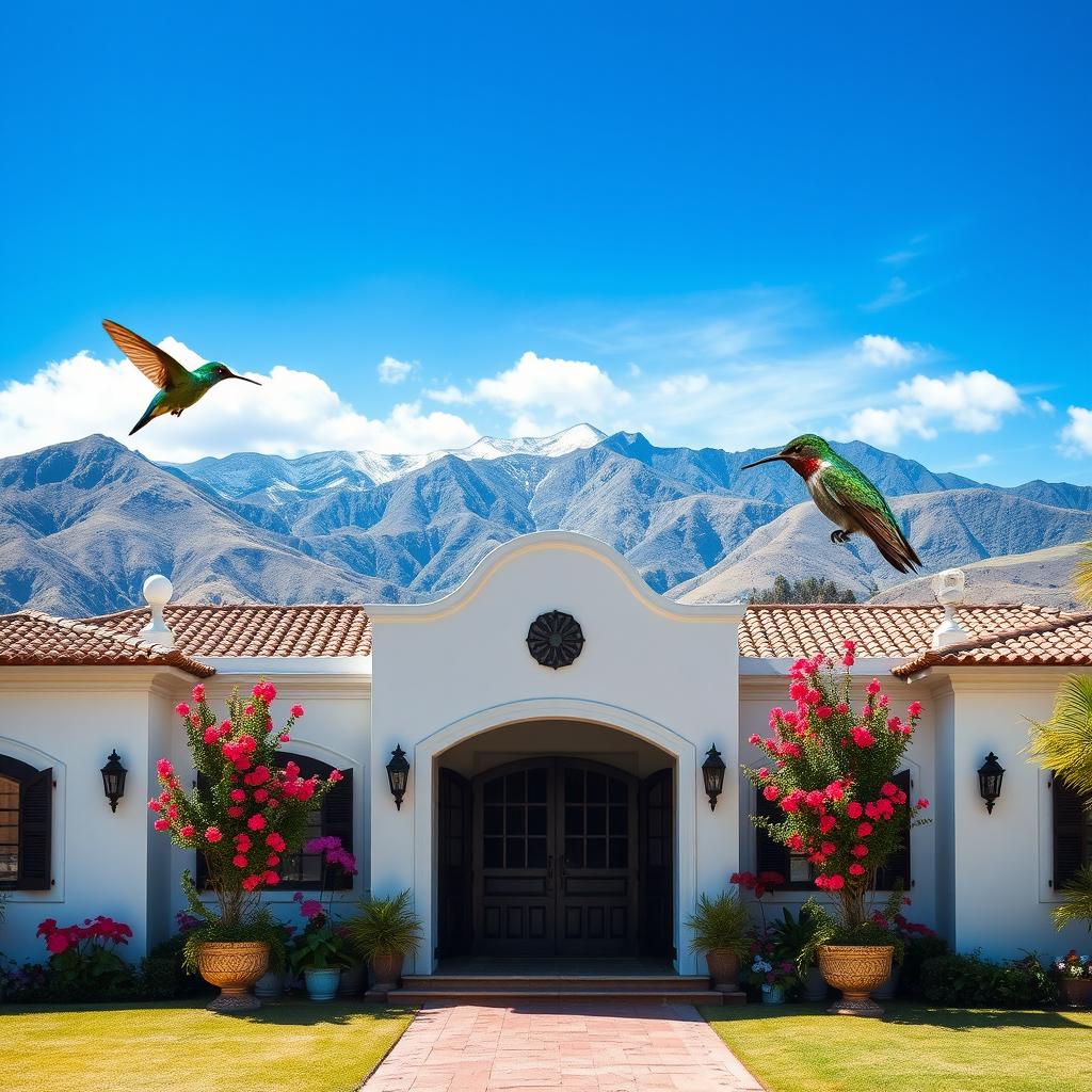 Create an image of the Hacienda de Junín in Perú with an impressive blue sky and the mountainous landscape of the Peruvian Sierra, including the Cordillera de los Andes