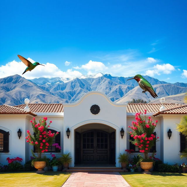 Create an image of the Hacienda de Junín in Perú with an impressive blue sky and the mountainous landscape of the Peruvian Sierra, including the Cordillera de los Andes