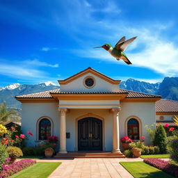 Create an image of the Hacienda de Junín in Perú with an impressive blue sky and the mountainous landscape of the Peruvian Sierra, including the Cordillera de los Andes