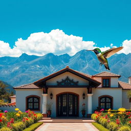 Create an image of the Hacienda de Junín in Perú with an impressive blue sky and the mountainous landscape of the Peruvian Sierra, including the Cordillera de los Andes