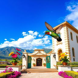 Create an image of the Hacienda de Junín in Perú with an impressive blue sky and the mountainous landscape of the Peruvian Sierra, including the Cordillera de los Andes