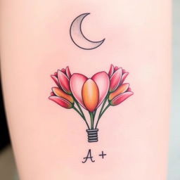 A delicate tattoo design featuring a crescent moon at the top with soft shading