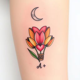 A delicate tattoo design featuring a crescent moon at the top with soft shading