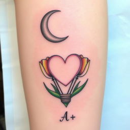 A delicate tattoo design featuring a crescent moon at the top with soft shading