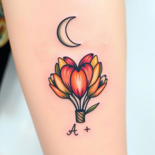 A delicate tattoo design featuring a crescent moon at the top with soft shading