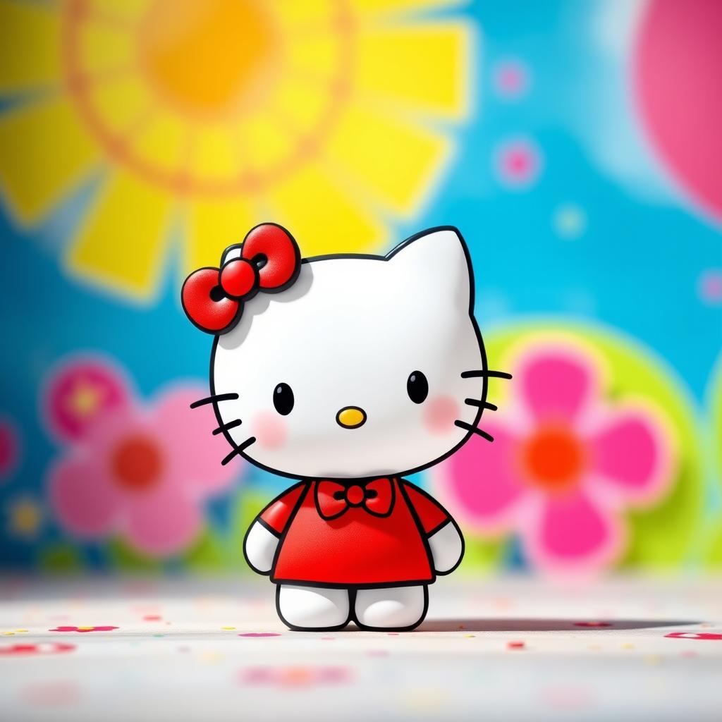 A cute and friendly Hello Kitty character standing in a colorful and cheerful background, with a big smile and her signature red bow