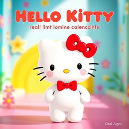 A cute and friendly Hello Kitty character standing in a colorful and cheerful background, with a big smile and her signature red bow