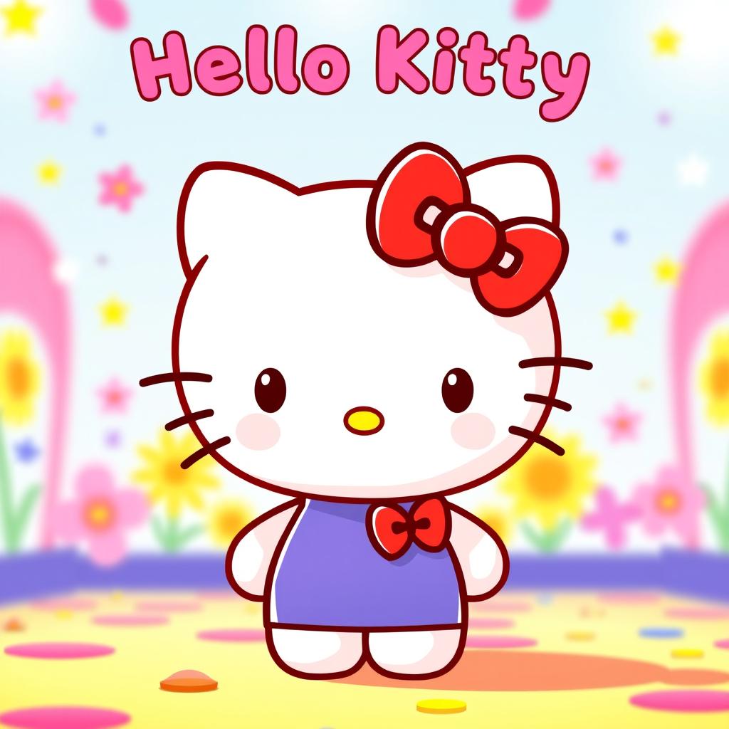 A cute and friendly Hello Kitty character standing in a colorful and cheerful background, with a big smile and her signature red bow