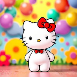 A cute and friendly Hello Kitty character standing in a colorful and cheerful background, with a big smile and her signature red bow