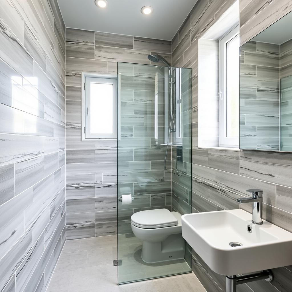 A square shower room with a toilet, window, and sink