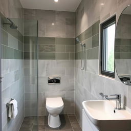 A square shower room with a toilet, window, and sink