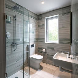 A square shower room with a toilet, window, and sink