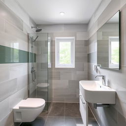 A square shower room with a toilet, window, and sink