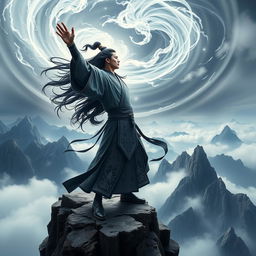 A majestic Xianxia cultivator stands at the edge of a towering mountain peak, his long black hair flowing in the wind