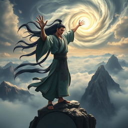 A majestic Xianxia cultivator stands at the edge of a towering mountain peak, his long black hair flowing in the wind