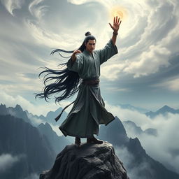 A majestic Xianxia cultivator stands at the edge of a towering mountain peak, his long black hair flowing in the wind