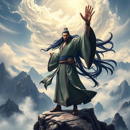 A majestic Xianxia cultivator stands at the edge of a towering mountain peak, his long black hair flowing in the wind