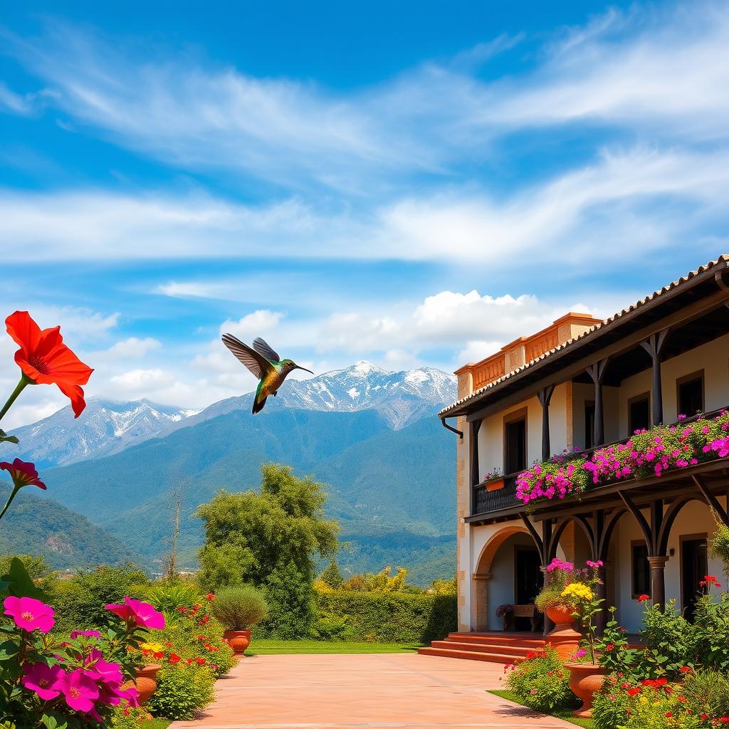 Create an image of the Hacienda de Junín in Perú with an impressive blue sky and the mountainous landscape of the Peruvian Sierra, including the Cordillera de los Andes