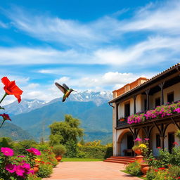 Create an image of the Hacienda de Junín in Perú with an impressive blue sky and the mountainous landscape of the Peruvian Sierra, including the Cordillera de los Andes