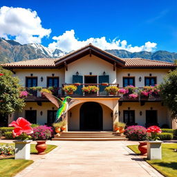 Create an image of the Hacienda de Junín in Perú with an impressive blue sky and the mountainous landscape of the Peruvian Sierra, including the Cordillera de los Andes