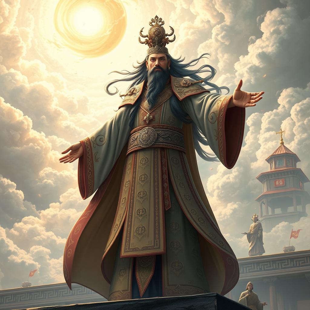 A powerful Cultivator Immortal Emperor stands in a majestic pose, exuding an aura of supreme authority and wisdom