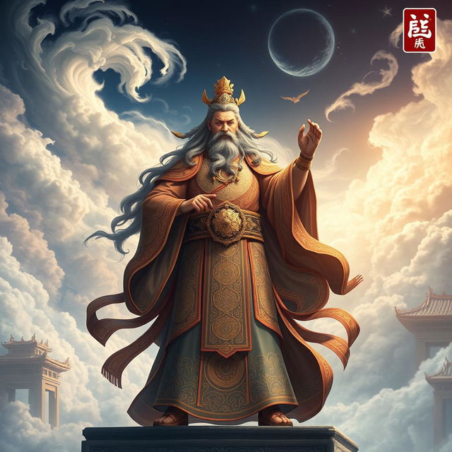 A powerful Cultivator Immortal Emperor stands in a majestic pose, exuding an aura of supreme authority and wisdom