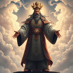 A powerful Cultivator Immortal Emperor stands in a majestic pose, exuding an aura of supreme authority and wisdom