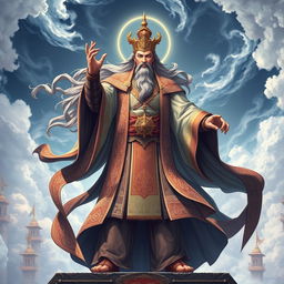 A powerful Cultivator Immortal Emperor stands in a majestic pose, exuding an aura of supreme authority and wisdom