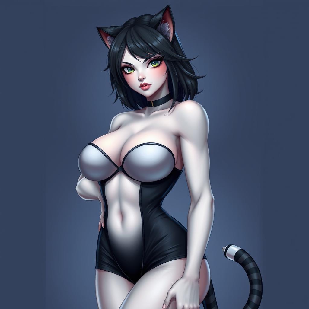 A sexy girl with panther ears and a tail, featuring white skin and a confident, alluring pose