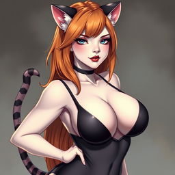 A sexy girl with panther ears and a tail, featuring white skin and a confident, alluring pose