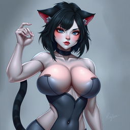 A sexy girl with panther ears and a tail, featuring white skin and a confident, alluring pose