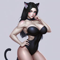 A sexy girl with panther ears and a tail, featuring white skin and a confident, alluring pose