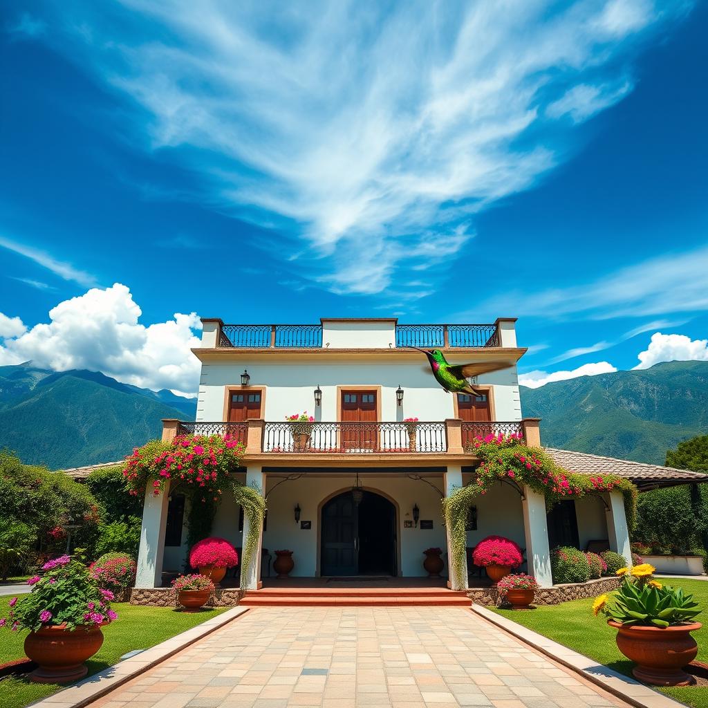 Create an image of the Hacienda de Junín in Perú with an impressive blue sky and the mountainous landscape of the Peruvian Sierra, including the Cordillera de los Andes