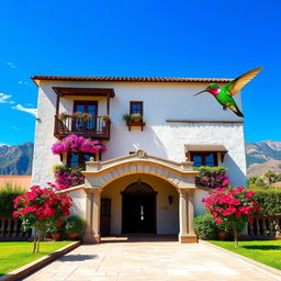 Create an image of the Hacienda de Junín in Perú with an impressive blue sky and the mountainous landscape of the Peruvian Sierra, including the Cordillera de los Andes