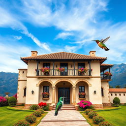 Create an image of the Hacienda de Junín in Perú with an impressive blue sky and the mountainous landscape of the Peruvian Sierra, including the Cordillera de los Andes