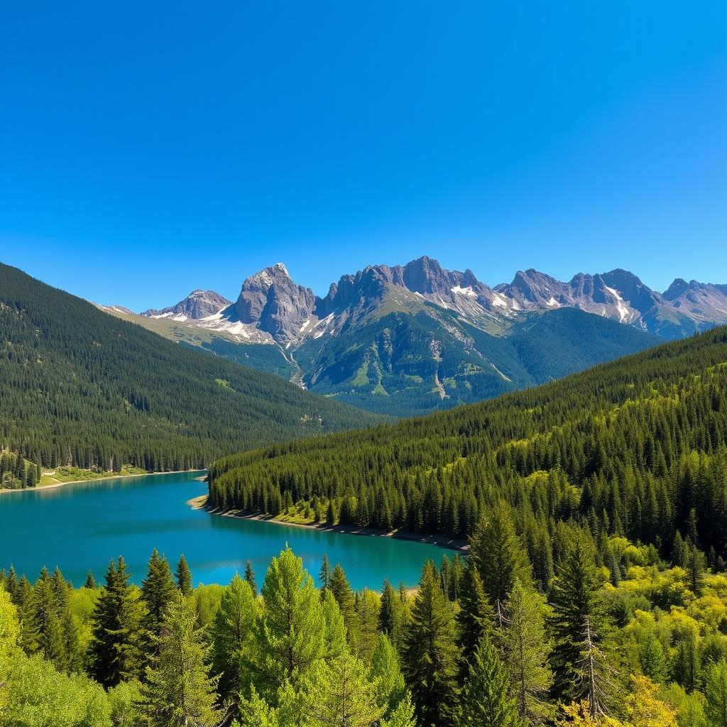 A beautiful landscape featuring a serene lake surrounded by lush green forests and majestic mountains in the background under a clear blue sky