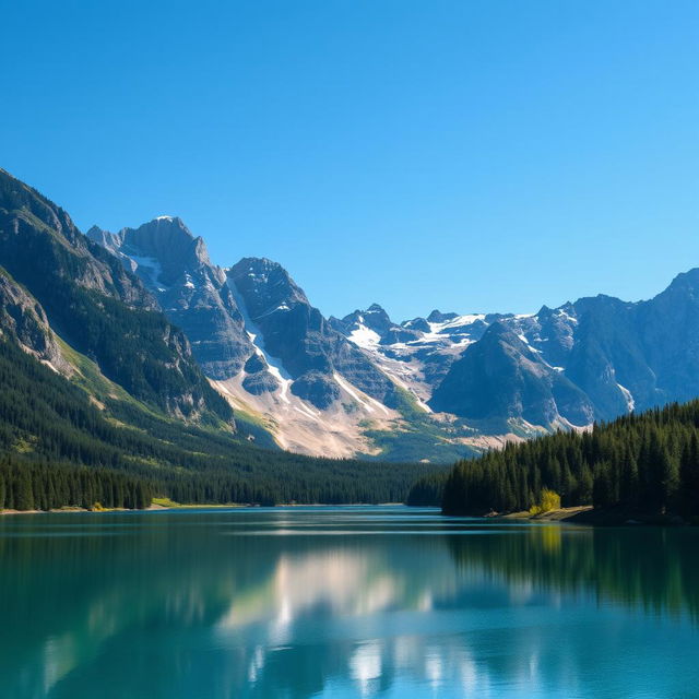 A beautiful landscape featuring a serene lake surrounded by lush green forests and majestic mountains in the background under a clear blue sky