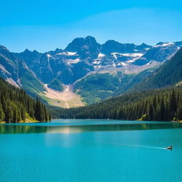 A beautiful landscape featuring a serene lake surrounded by lush green forests and majestic mountains in the background under a clear blue sky