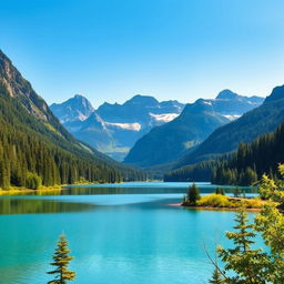 A beautiful landscape featuring a serene lake surrounded by lush green forests and majestic mountains in the background under a clear blue sky