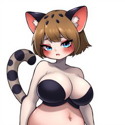 A sexy, cute, and flustered girl with panther ears and a tail, featuring white skin and a voluptuous figure with large breasts